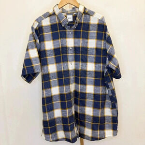 ROWM Men's 2XL Tall Plaid Short Sleeve Button-Up Shirt Navy Yellow Casual